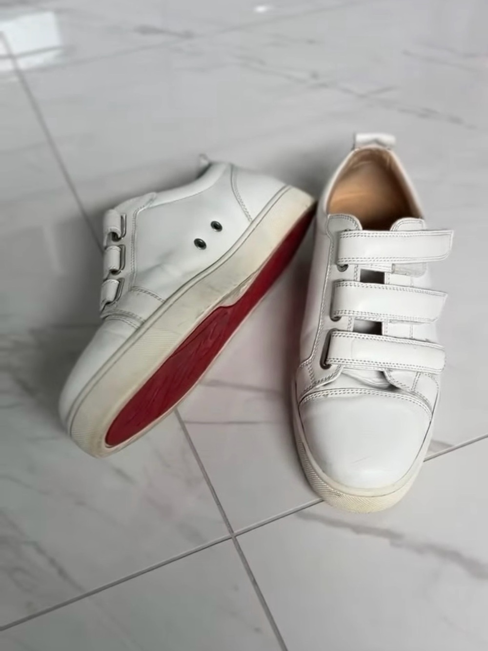 Authentic Christian louboutin, White Velcro men Sneakers with Red Outsole